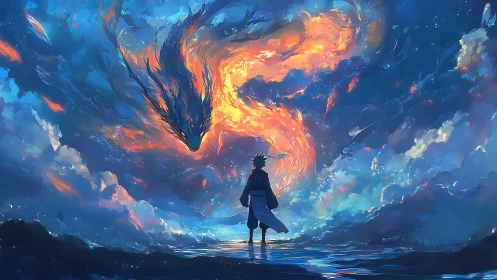 Celestial chakra dragon over reflective ocean horizon at dusk