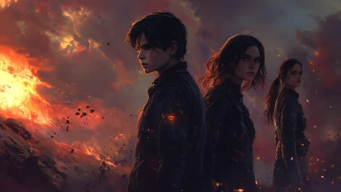 Three embers-lit rebels stand amid apocalyptic stormfire clouds