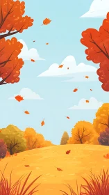 Autumn hillside landscape shows orange trees and falling leaves