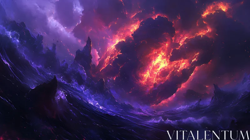 Apocalyptic fiery storm churns above a cosmic violet sea.