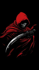 Hooded skeletal figure grips curved blade on black background