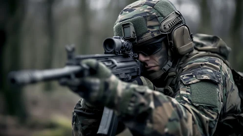Tactical marksman in woodland camouflage aiming scoped rifle