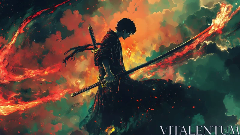 Lone anime swordsman wielding blazing katana in storm sky.