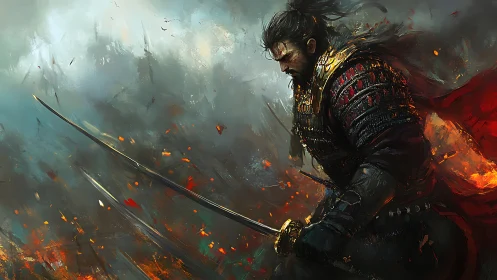 Stormlit warrior steadies his blade amid swirling embers