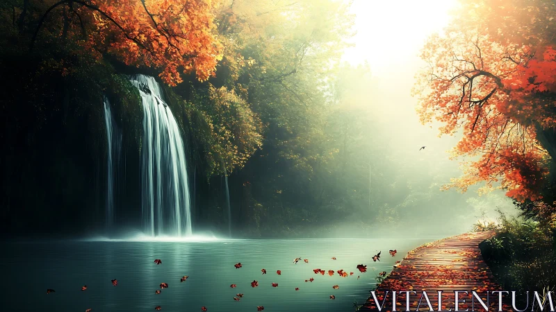 Golden autumn waterfall beside a quiet misty boardwalk.