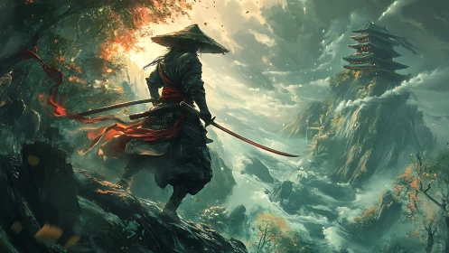 Samurai warrior stands on cliff edge facing distant mountain temple
