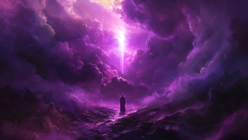 Solitary figure under radiant magenta vortex in turbulent nebula sky