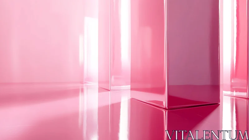 Glossy pink rectangular columns stand on reflective floor