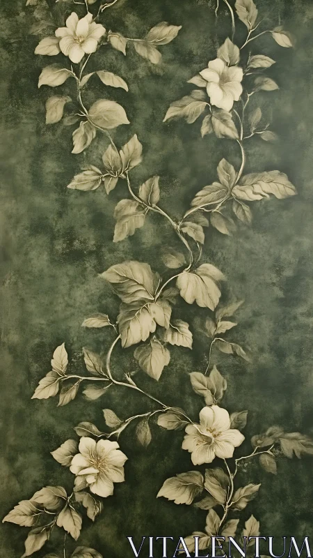 Monochrome climbing florals on deep textured green ground.