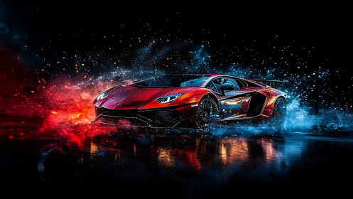 Red supercar slices through fire and water in neon night