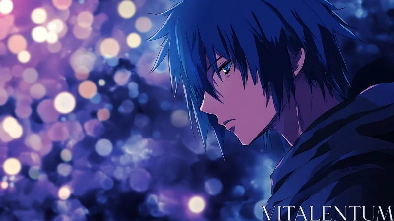 Blue haired anime boy in moody purple night scene.