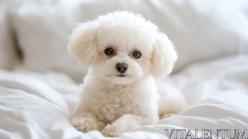 High key portrait of small white dog on soft defocused bedding