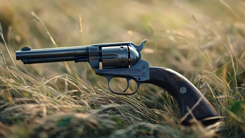 Single action revolver with engraved frame resting in dry grass