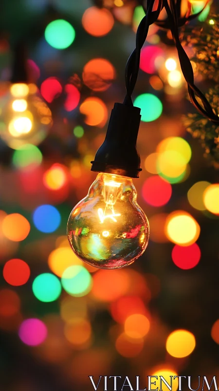 Single glowing bulb glimmers amid vibrant festive bokeh lights