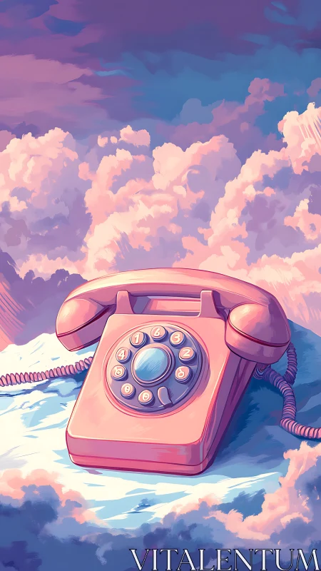 Retro rotary cloud-telephone under chromatic sunset sky.