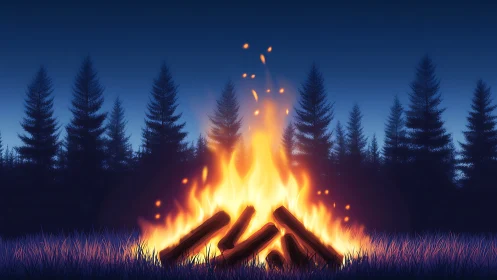 Blazing Convergence: Firelight Dance Through Twilight Pines.