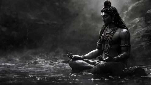 Seated deity statue in monochrome riverside environment.