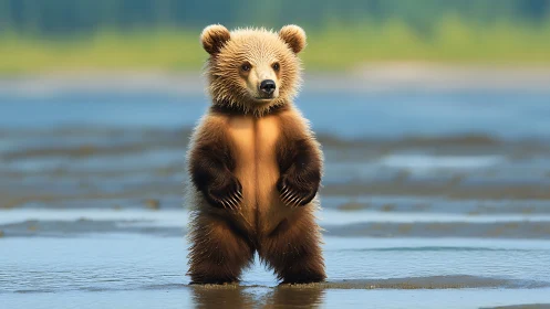Curious baby bear stands bright and brave by the water