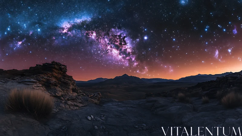 Rocky desert foreground under dense Milky Way arc at dusk.
