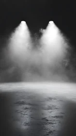 Empty stage under two bright spotlights with smoke.