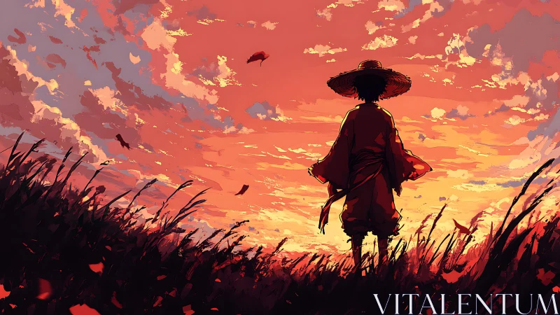 Sunset wanderer standing in wild grass, dreaming quietly.