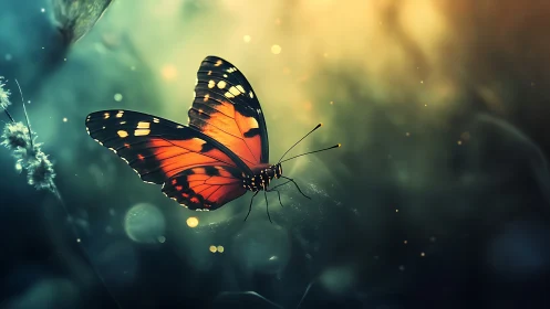 Twilight ember butterfly drifting through luminous hush.