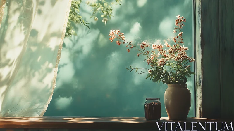 Sunlit wildflower vase on rustic windowsill at dawn.