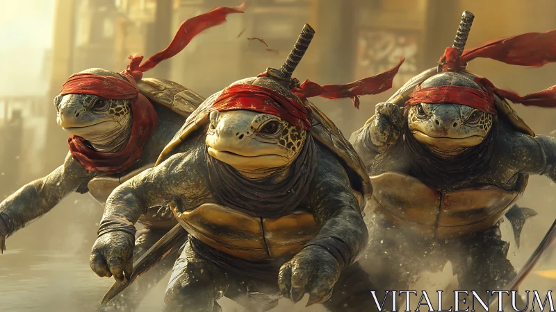 Ninja sea turtles charge boldly through a sunlit city street.