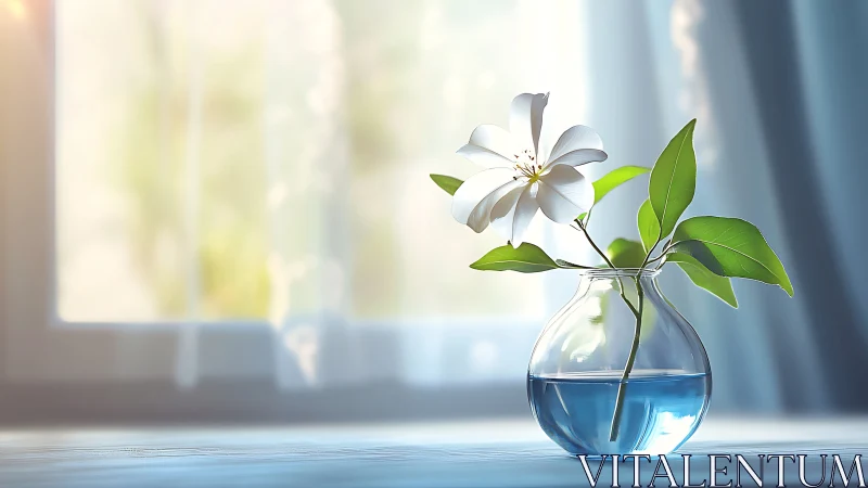 Single white blossom in glass vase by soft windowlight.
