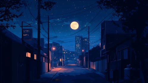 Nocturnal urban alley under full moon in stylized anime palette