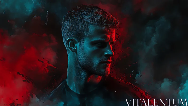 Male portrait in red and teal smoke with directional lighting.