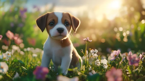Backlit puppy portrait in shallow-depth meadow bokeh field.