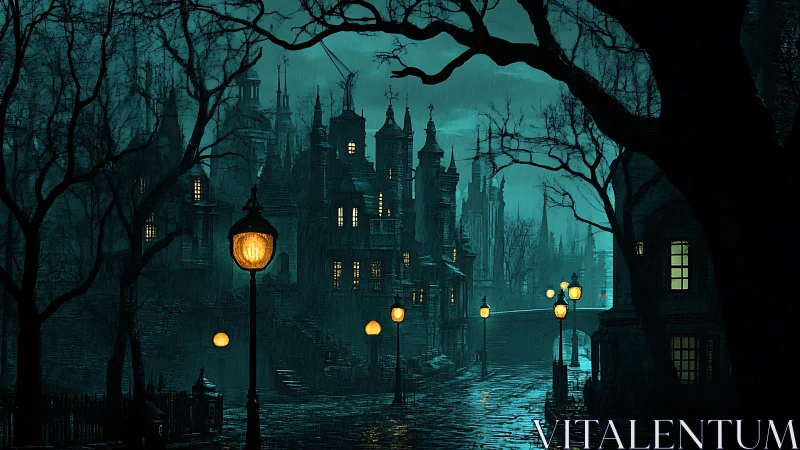 Foggy gothic street glows under scattered gaslamps at night