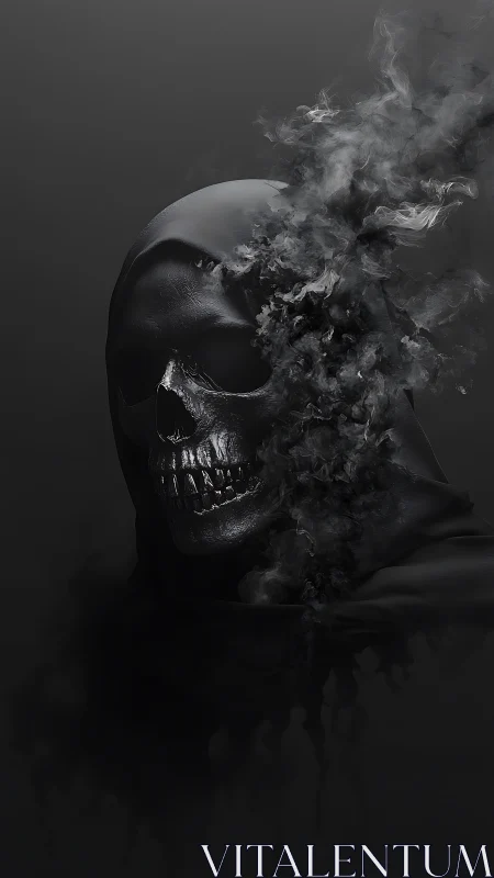 Hooded skull dissolves into drifting black and gray smoke