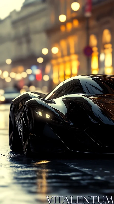 Low-slung black hypercar on wet city street, bokeh lights