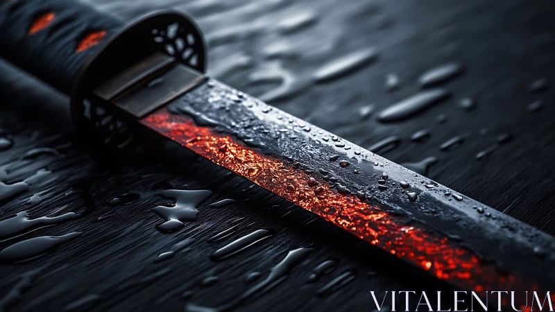 Wet katana blade with internal red glow on dark surface.