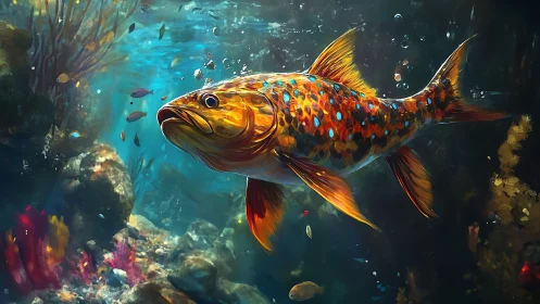 Digital painting of speckled reef fish in luminous seascape.