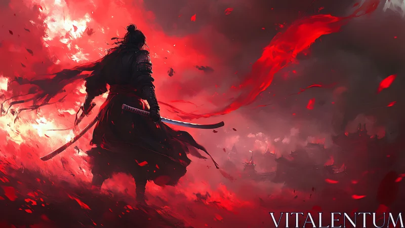 Scarlet storm samurai facing a burning twilight citadel.