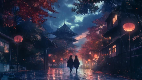 Two figures walk on a wet lantern-lit street toward pagoda