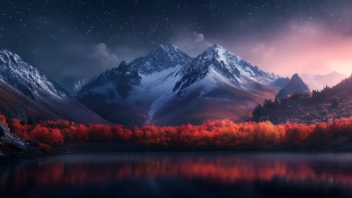 Snowcapped mountains rise over crimson forest lake at dusk