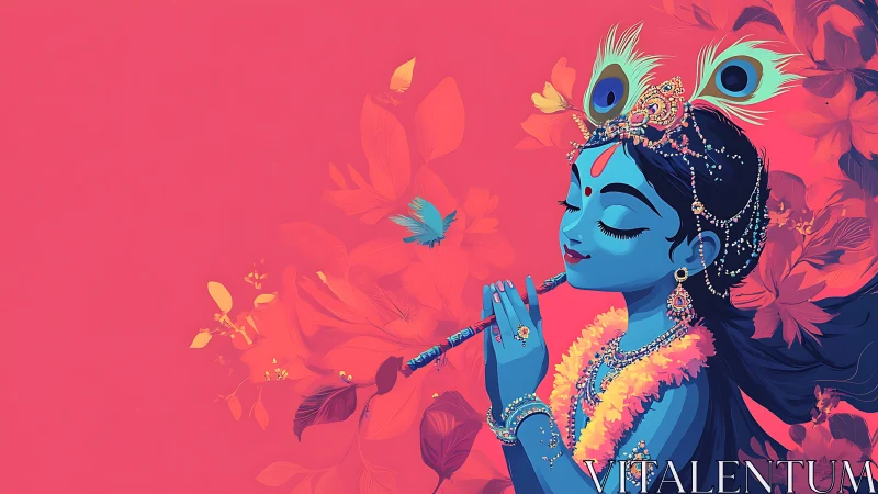 Krishna’s flute song in a bright garden of calm joy.