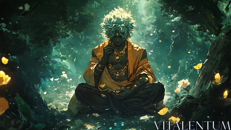 Mystic monk meditates in luminescent forest glade ambience