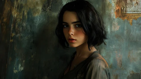 Low-key portrait of freckled girl against weathered textured wall