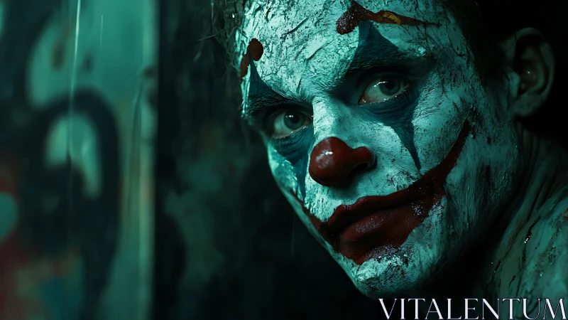 Clown face close-up with smeared makeup in dim lighting.