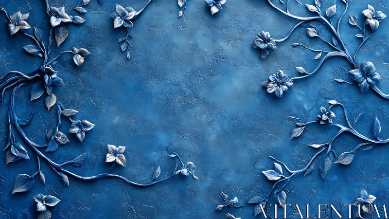 Embossed Floral Relief in Monochromatic Blue.