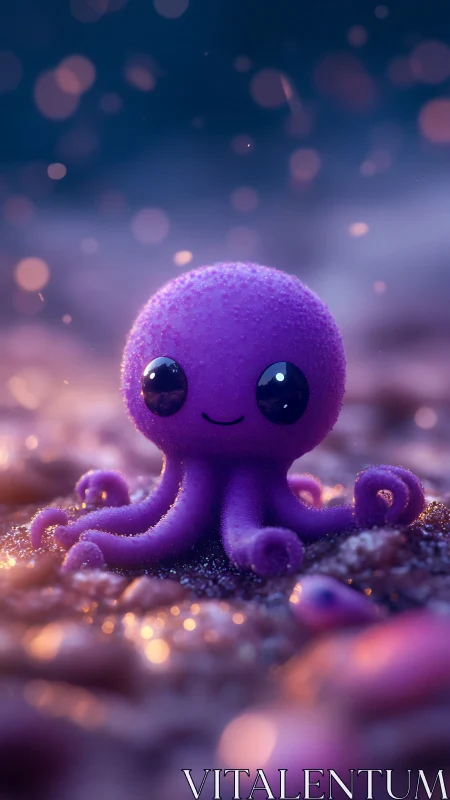 3D stylized purple octopus with cinematic bokeh lighting.