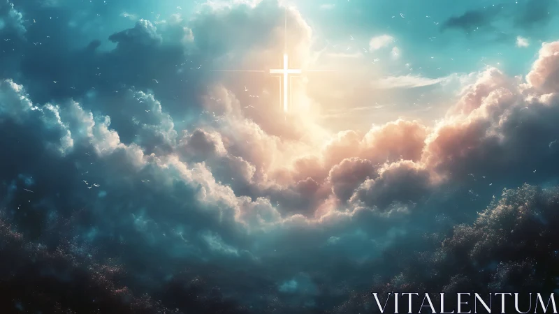 Radiant cross emerging through luminous storm clouds at dusk.