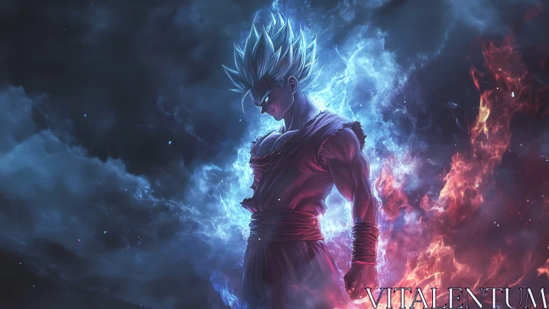 Stormlit warrior stands between icy void and waking fire