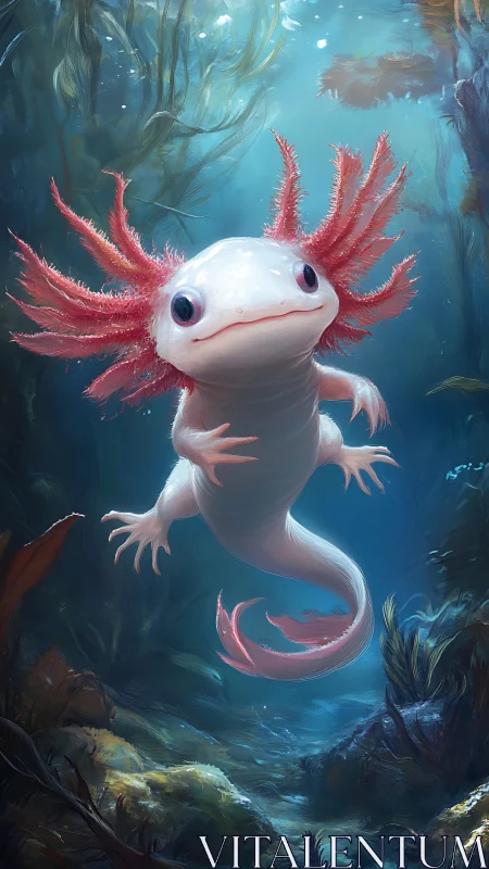 Curious axolotl drifts through a glowing, mystical lagoon