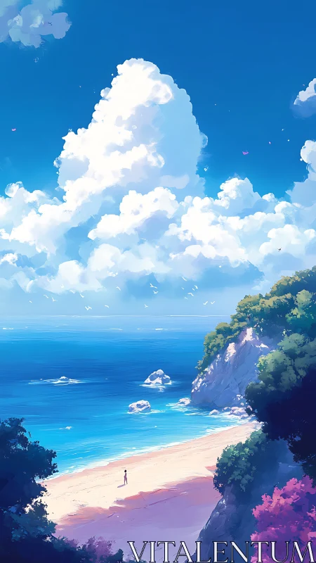 Digital painting seascape with towering clouds and solitary figure.